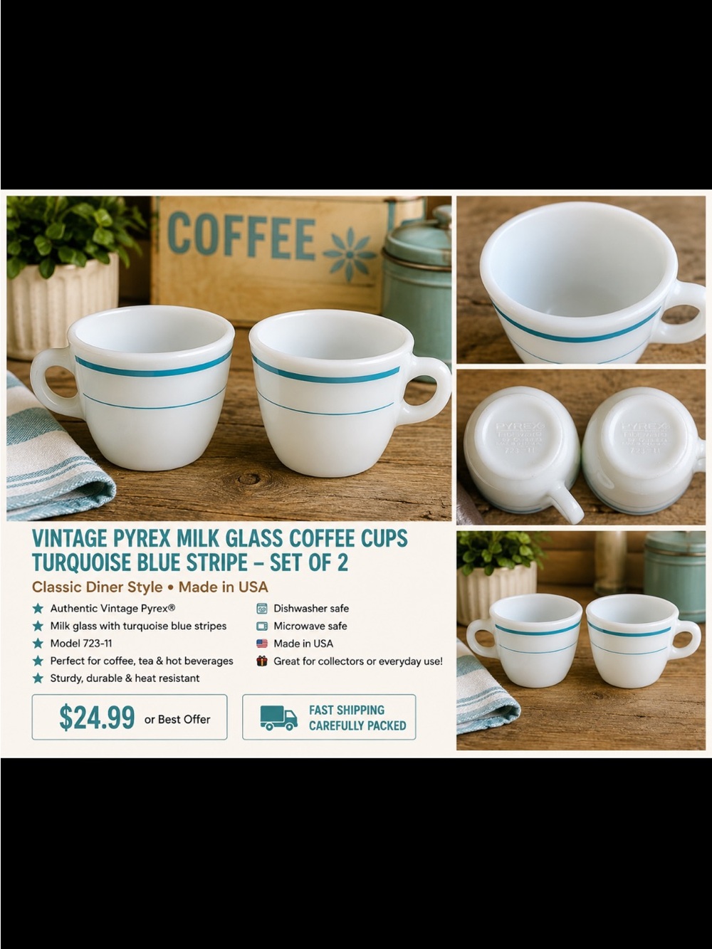 Pyrex White Milk Glass Coffee Cups with Turquoise Blue Stripe - Set of 2